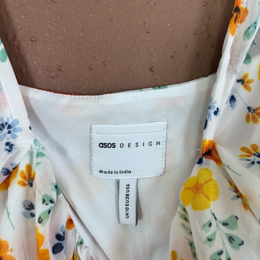 ASOS DESIGN Floral Puff Sleeve Mini Dress Yellow Orange Smocked Waist Size US 6 - Picture 3 of 7
